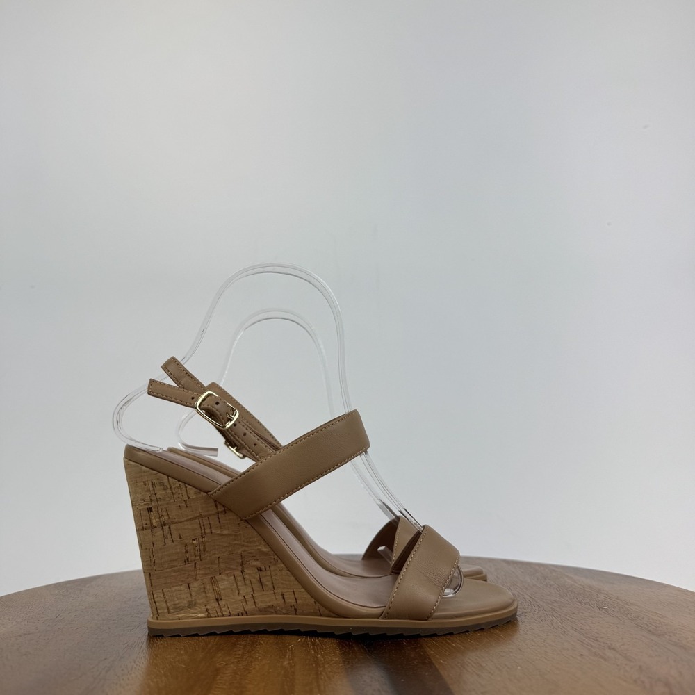 New Womens Linea Paolo Elara Brown Fax Leather Slingback Wedge‎ Sandals Size 6 M